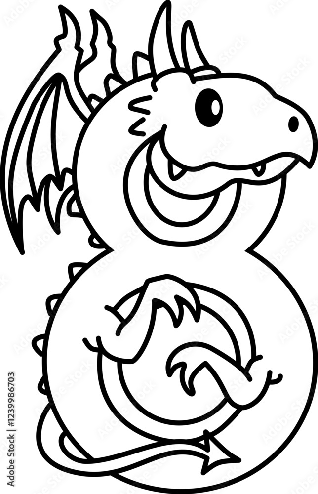 Hand drawn dragon number 8 outline illustration Hand drawn dragon number 8 outline illustration