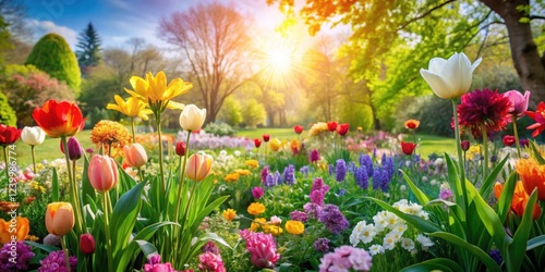 A blooming garden with vibrant flowers in the sun , lush greenery, Vibrant spring