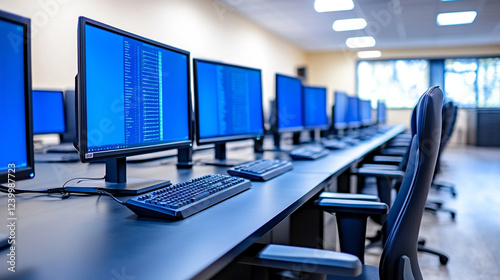 Multiple screens showing financial charts and data analysis in a high-tech environment, symbolizing chaos, modern technology, and the fast-paced nature of financial markets, with empty space for capti photo