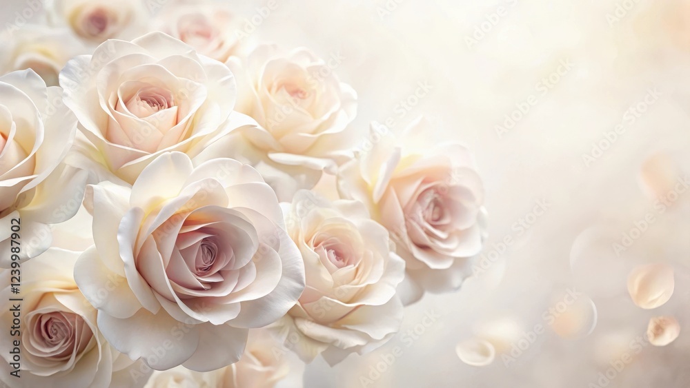 Fototapeta premium Softly petal-edged rose blooms in a gentle, swirling dance across a creamy white background, creating a serene and dreamy effect