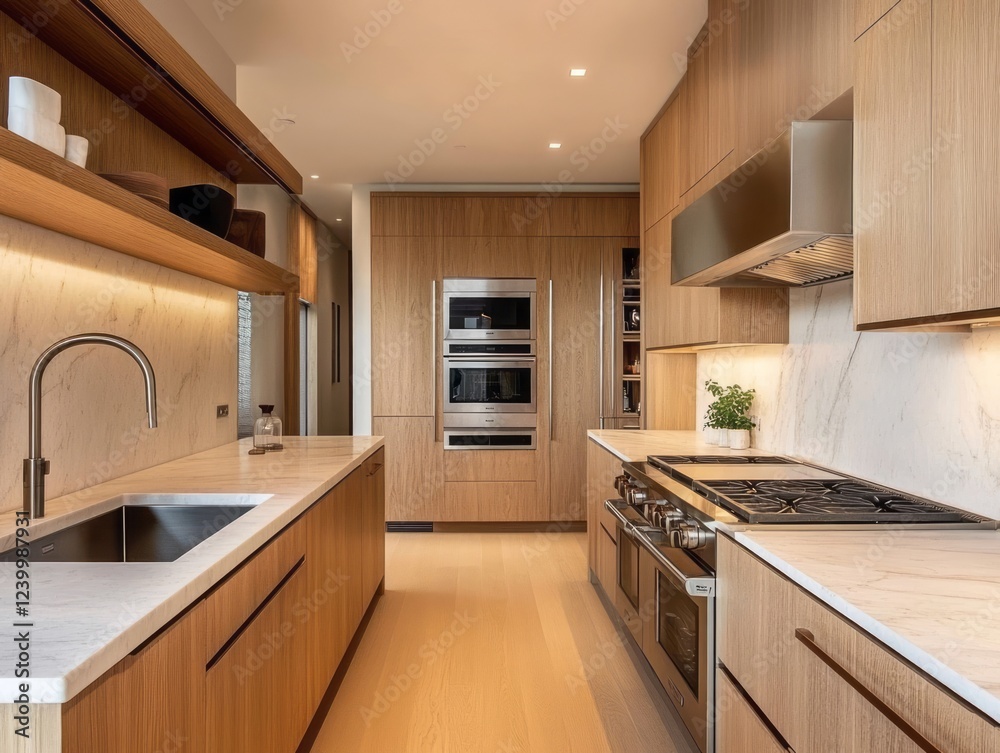 Fototapeta premium Modern Kitchen Design With Wooden Cabinets And Marble Countertops