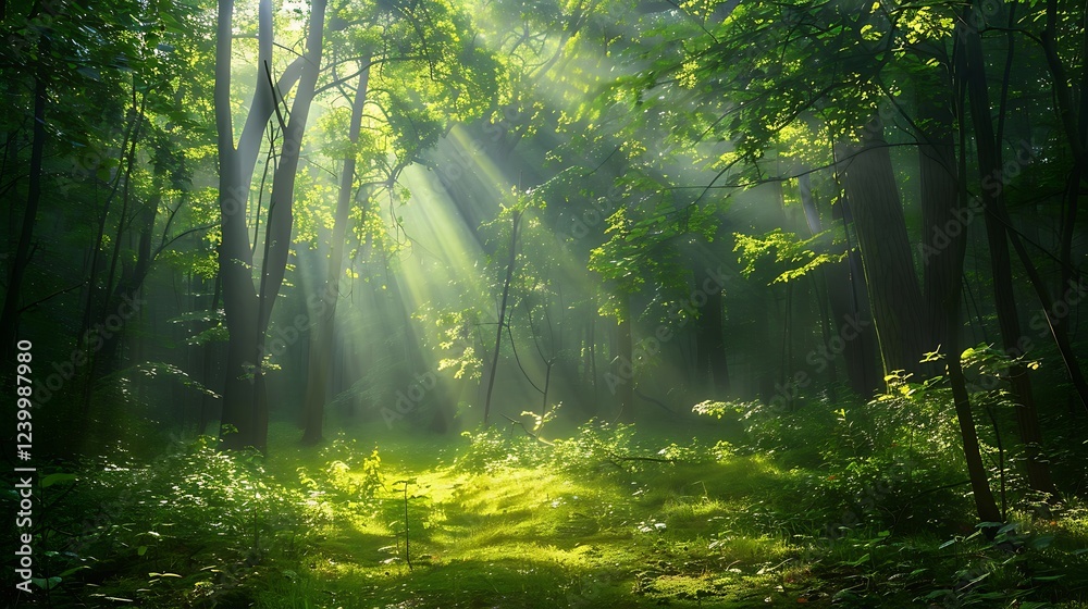 Obraz premium Sunlight streams through the leaves of a dense forest, creating a magical atmosphere.