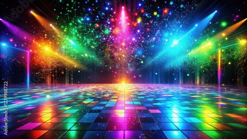 Vibrant disco dancefloor with colorful moving splash effects in a darkened room , vibrant, energetic,  vibrant, energetic, dancefloor
