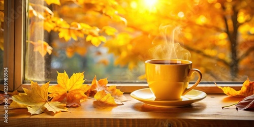 A warm yellow cup of coffee sits next to a window on a cozy autumn morning, with vibrant leaves outside and sunlight casting a gentle glow through the glasspane, cozy, warmth photo