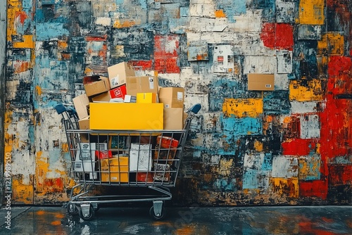 Shopping cart overflowing with packages against colorful urban wall