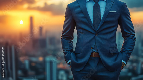 A businessman in a suit stands against a stunning sunset skyline backdrop. photo