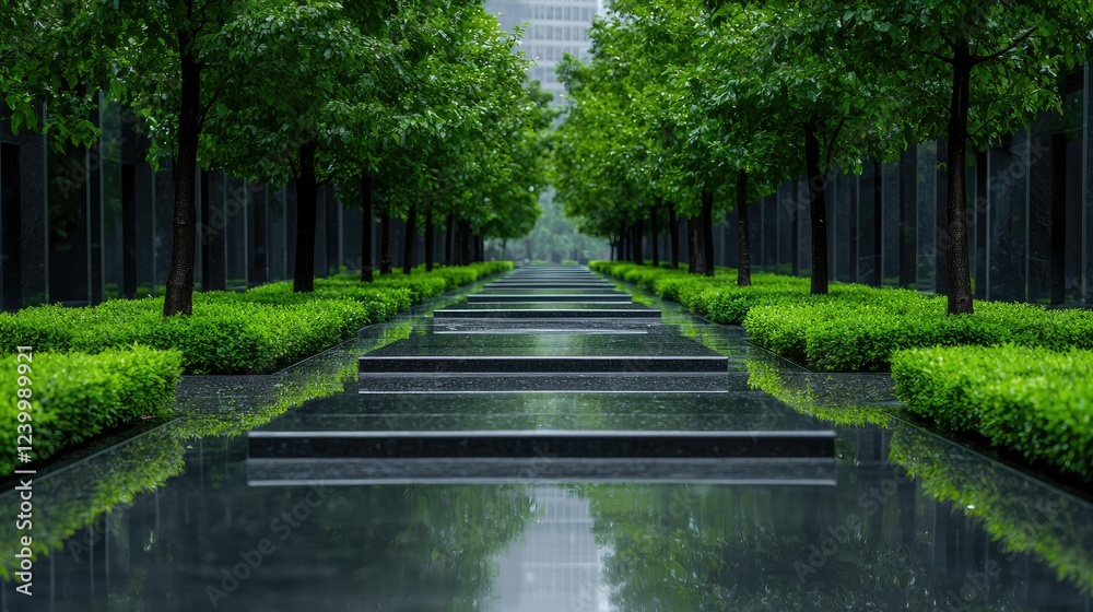 Rainy day steps, city park pathway, green hedges, modern buildings Rainy day steps, city park pathway, green hedges, modern buildings