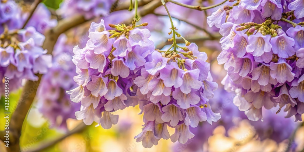 Fototapeta premium Close-up of light purple bell-shaped paulownia tree flowers in a courtyard, blossoms