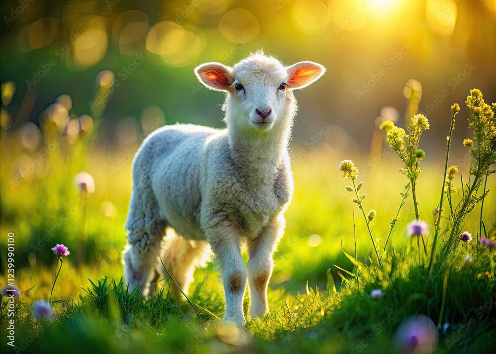Fototapeta premium Spring's gentle sun warms a fluffy lamb in a green field.