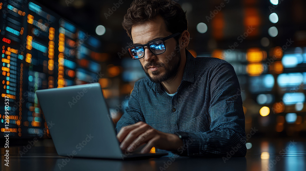 A focused man uses a laptop in a modern workspace with digital data in background. A focused man uses a laptop in a modern workspace with digital data in background.