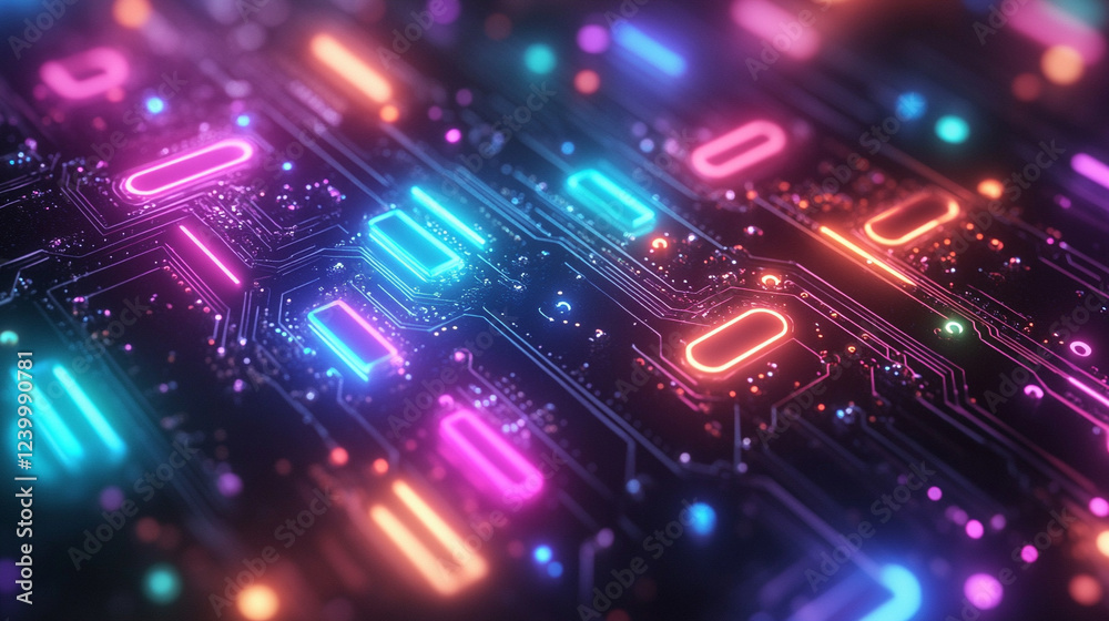 Neon gaming background with sharp angular shapes and glowing circuit board patterns in electric blue, purple, and green. Modern, blurred empty space for caption, symbolizing futuristic chaos and energ Neon gaming background with sharp angular shapes and glowing circuit board patterns in electric blue, purple, and green. Modern, blurred empty space for caption, symbolizing futuristic chaos and energ
