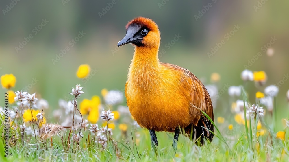 Naklejka premium Orange bird in field of flowers, nature background; wildlife photography