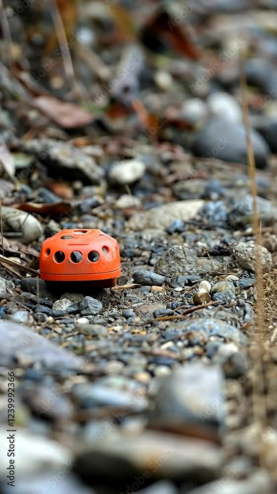 Bright orange object resting among stones on a riverbank in a natural setting during daylight Bright orange object resting among stones on a riverbank in a natural setting during daylight