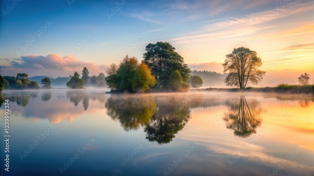Obraz premium Misty Irish lake before sunrise with trees reflected in calm water