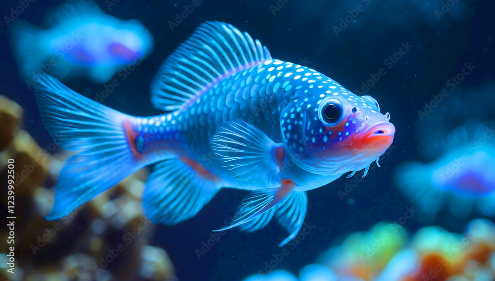 A close-up of a Siamese fighting fish , its tiny body glowing with bright blue spots A close-up of a Siamese fighting fish , its tiny body glowing with bright blue spots
