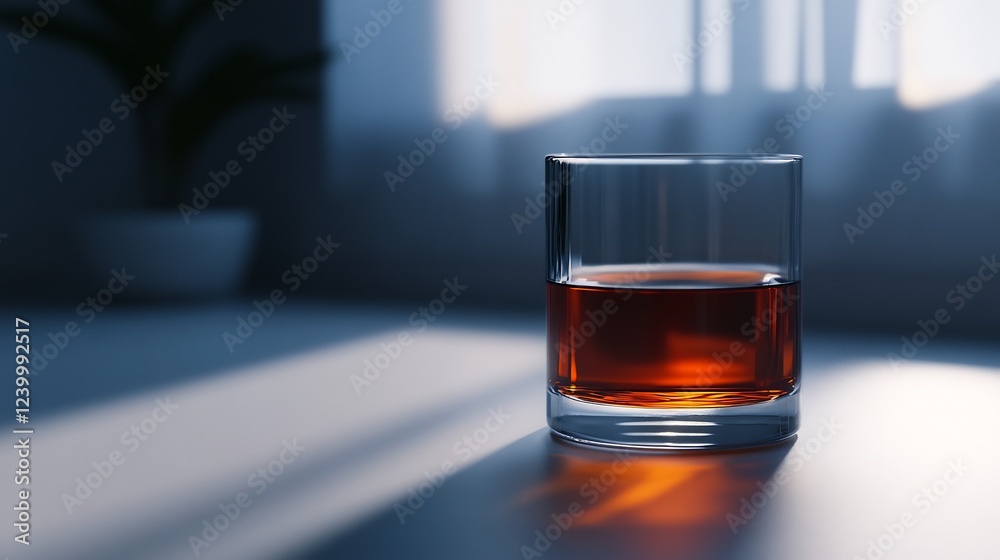 A Glass of Amber Liquid on a Table in Soft Light A Glass of Amber Liquid on a Table in Soft Light