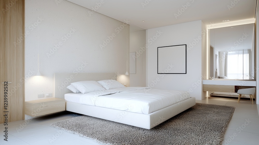 Modern minimalist bedroom interior design, beige rug, white bedding, empty frame Modern minimalist bedroom interior design, beige rug, white bedding, empty frame