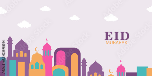Collection of Ramadan Kareem or Eid mubarak posters,Ramadan greeting cards, holiday covers.Modern beautiful design in pastel colors with mosque, moon crescent, stars in the sky and copy space for text