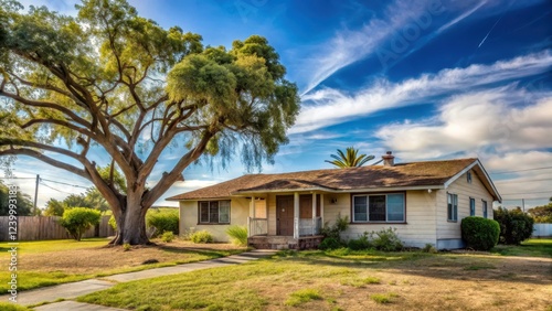 Abandoned single-story home with large tree on the lawn in Eastlake Chula Vista neighborhood , single-story houses, tree landscaping photo