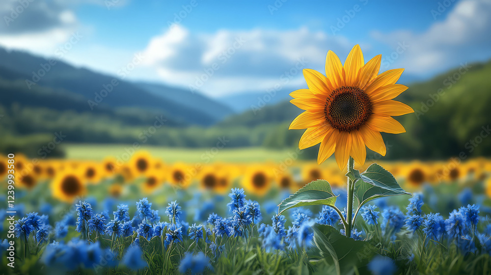 Obraz premium A vibrant sunflower stands tall amidst a field of blue flowers against a scenic backdrop.
