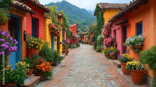 Charming cobblestone street lined with colorful houses and vibrant flowers.