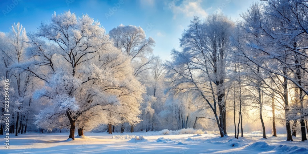 Naklejka premium Snowy forest landscape with bare trees and frost-covered branches, snow covered trees, beautiful winter landscape