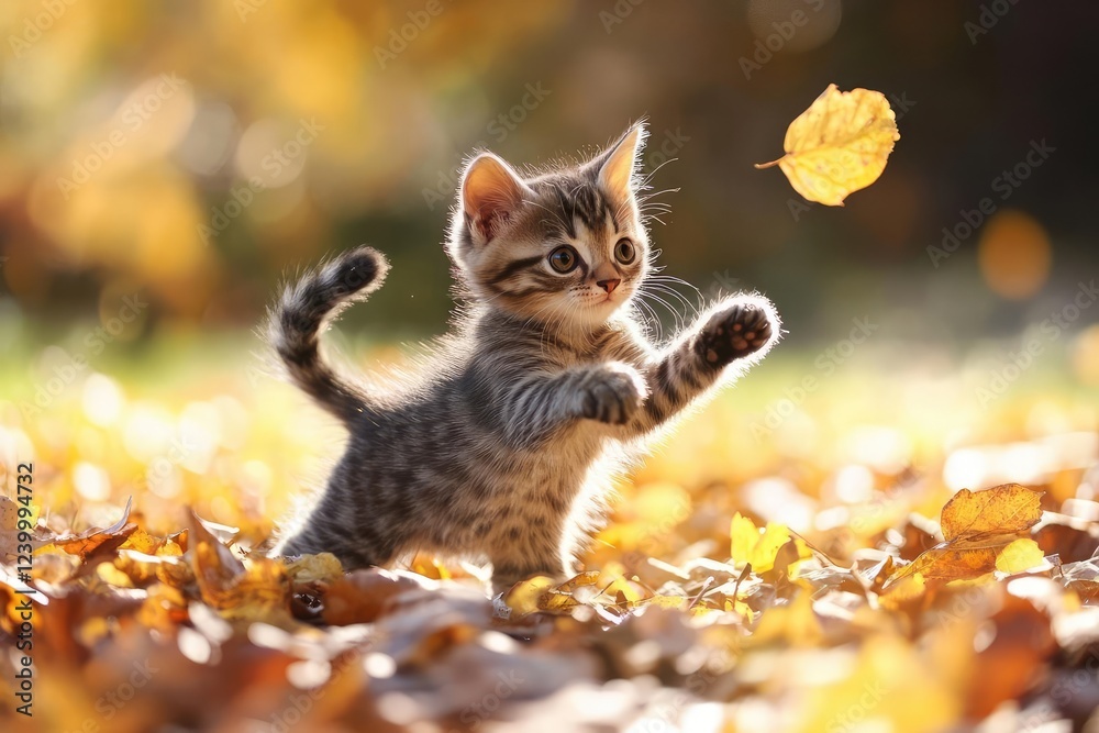 Fototapeta premium playful kitten exploring autumn leaves in golden sunlight