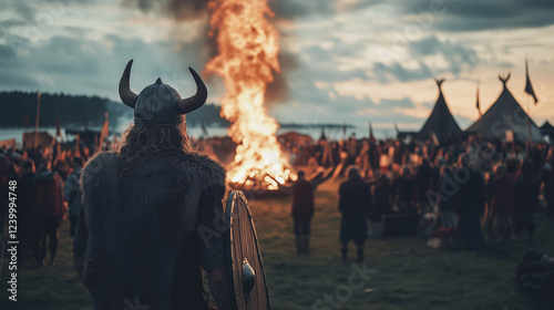 Epic atmosphere at the Viking Festival in Denmark, men and women wearing Viking costumes complete with horned helmets and wooden shields, a large bonfire burning in the middle of the camp photo