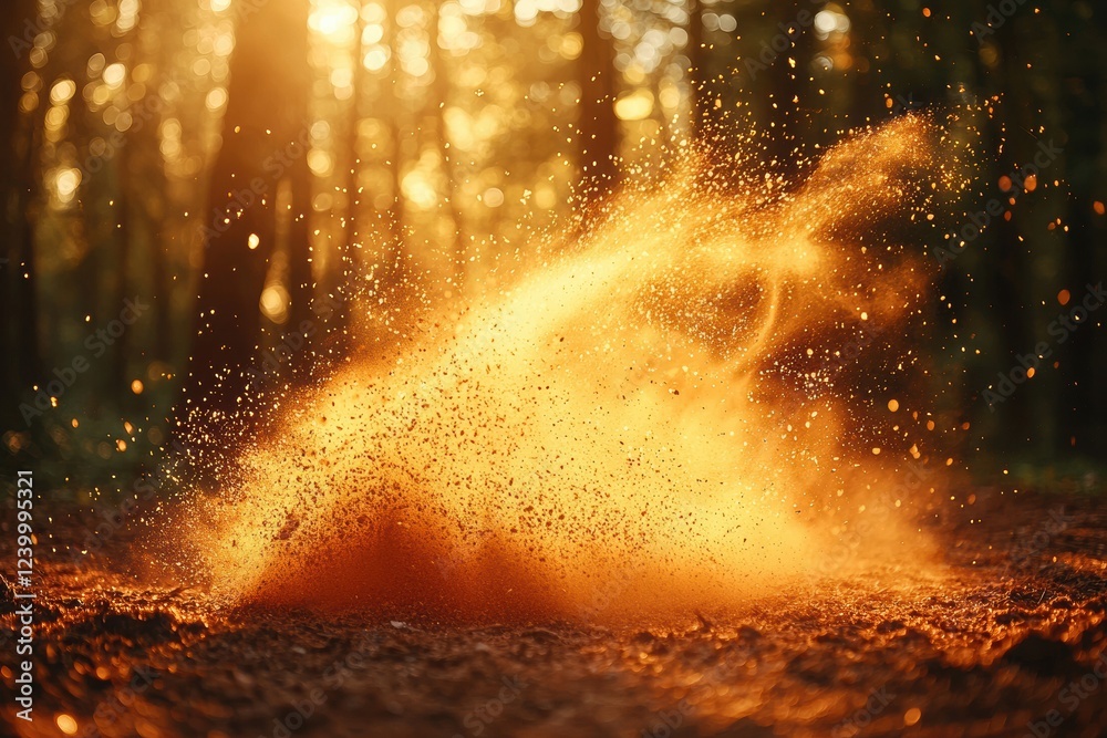 Fototapeta premium A golden cloud of dust rises in a sunlit forest, creating a magical atmosphere filled with warm light and natural beauty.
