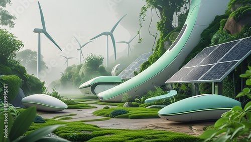 A Futuristic Green Tech Hub Set Amidst a Lush Landscape.

 photo