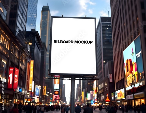 Blank Billboard Mockup in Busy City Street at Night photo