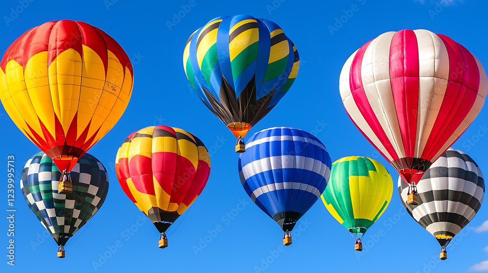 Fototapeta premium Colorful hot air balloons soaring against clear blue sky, creating vibrant scene of joy and adventure