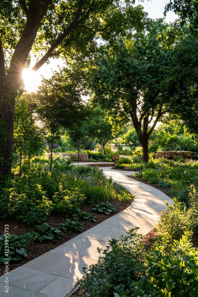 Obraz premium Sunlit Garden Path Winding Through Lush Greenery