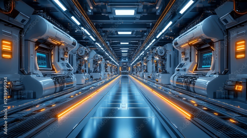 Futuristic corridor in a high-tech facility with illuminated walls and advanced machinery. Futuristic corridor in a high-tech facility with illuminated walls and advanced machinery.