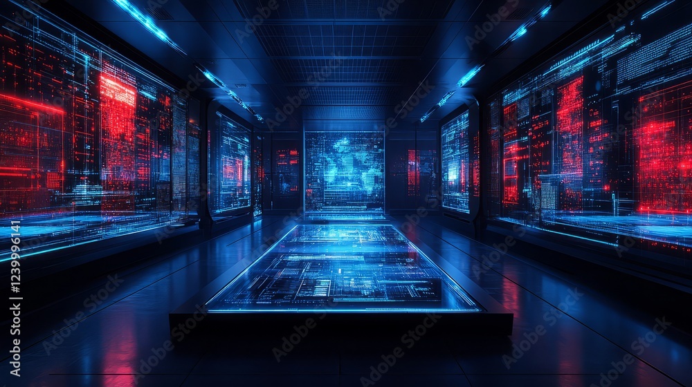 Fototapeta premium Futuristic digital environment with glowing screens displaying data analysis.
