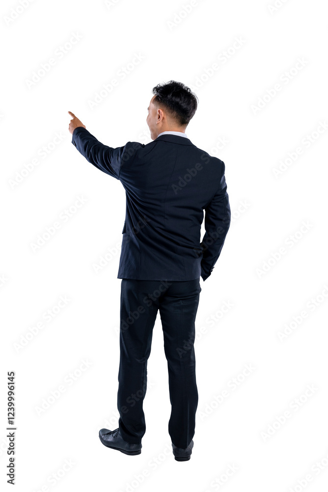 Portrait rear view of Asian businessman standing with confidence while pointing something isolated over white background. Copy space. Concept of business, entrepreneur, and successful Portrait rear view of Asian businessman standing with confidence while pointing something isolated over white background. Copy space. Concept of business, entrepreneur, and successful