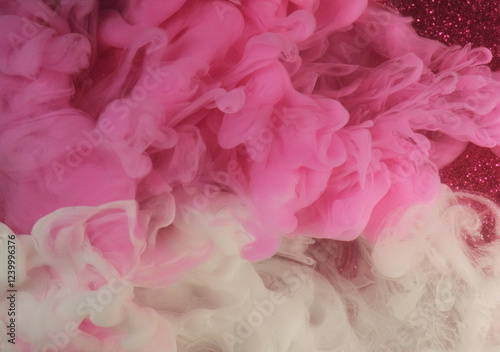 Smog cloud background. Paint color fog. Defocused pink white glowing splashes fume ink texture haze on shimmering abstract art light.