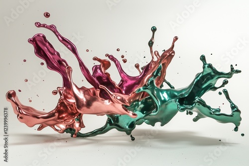 Metallic paint explosions of copper an Magenta and emerald paint splashes meeting in mid-air, forming dynamic arcs.