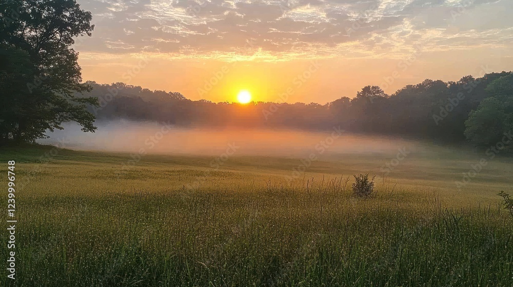 Obraz premium Misty sunrise over a tranquil field.