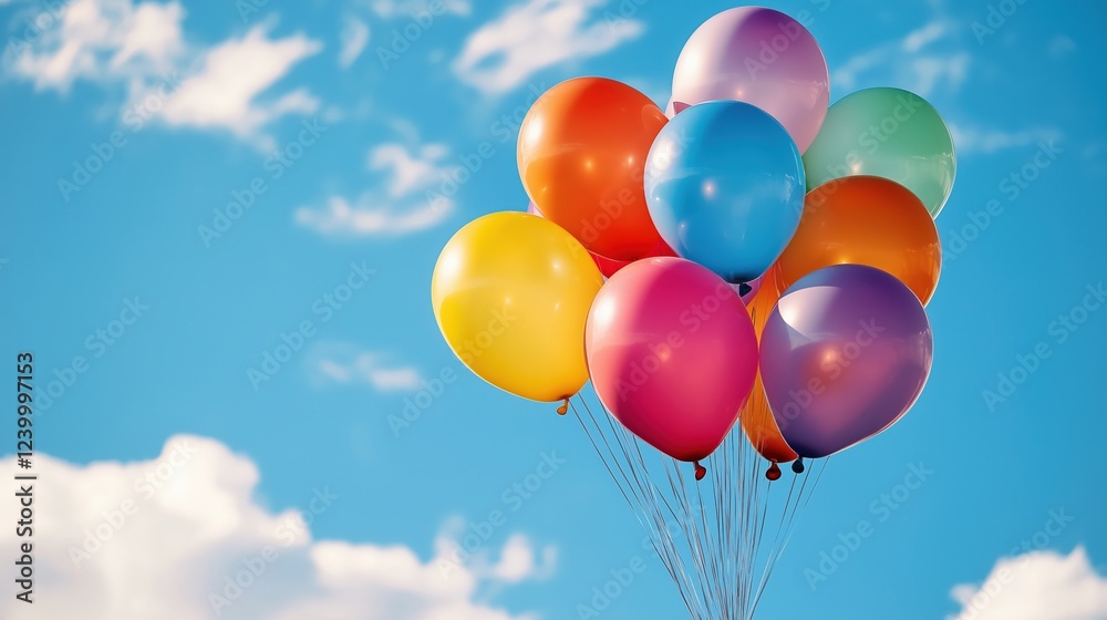 Bunch of helium balloons in various colors floating against a bright blue sky with soft white clouds Bunch of helium balloons in various colors floating against a bright blue sky with soft white clouds