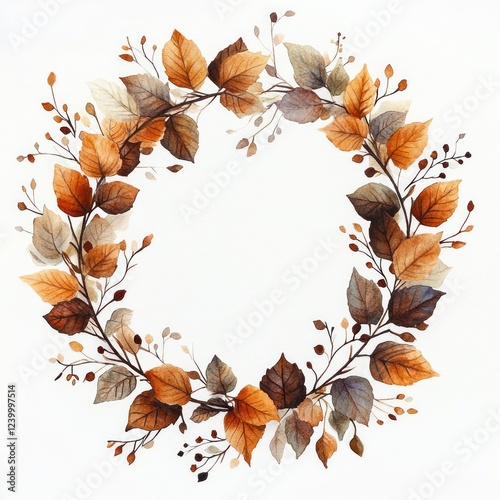 Watercolor Autumn Wreath Frame with Maple Leaves Flowers Twigs and Branches in Orange Brown Gray Beige Shades