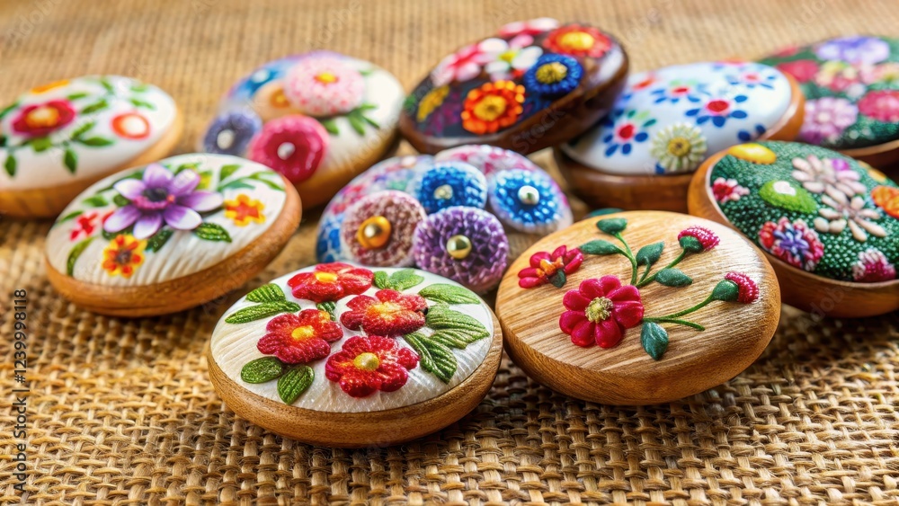 Fototapeta premium Hand-painted silk embroidery buttons on a wooden base , Asian fabric buttons