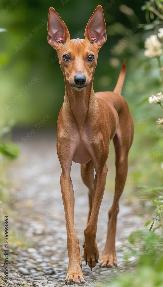 A charming reddish-brown dog strides along a path, its elegant gait and alert expression captivating. A charming reddish-brown dog strides along a path, its elegant gait and alert expression captivating.