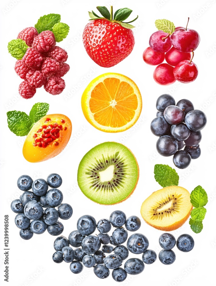 Assorted fresh fruits on white background including berries citrus and kiwi for healthy eating Assorted fresh fruits on white background including berries citrus and kiwi for healthy eating