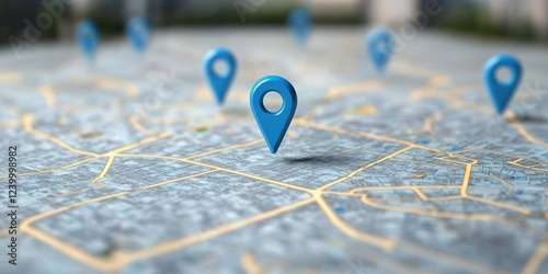 Modern City Map with Blue Location Markers for Navigation Travel and Route Finding Concept