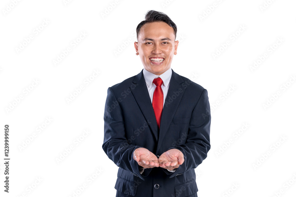 Portrait of an Asian businessman standing with open palm hand isolated over a white background. Copy space. Concept of business, entrepreneur, and successful Portrait of an Asian businessman standing with open palm hand isolated over a white background. Copy space. Concept of business, entrepreneur, and successful