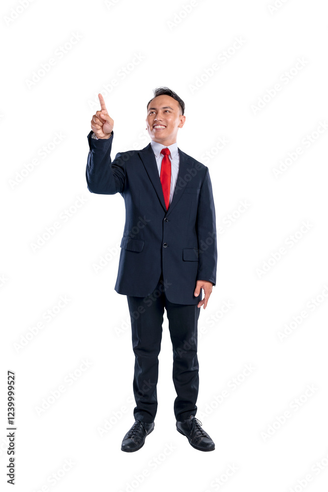 Portrait of an Asian businessman standing with a pointing hand gesture isolated over a white background. Copy space. Concept of business, entrepreneur, and successful Portrait of an Asian businessman standing with a pointing hand gesture isolated over a white background. Copy space. Concept of business, entrepreneur, and successful