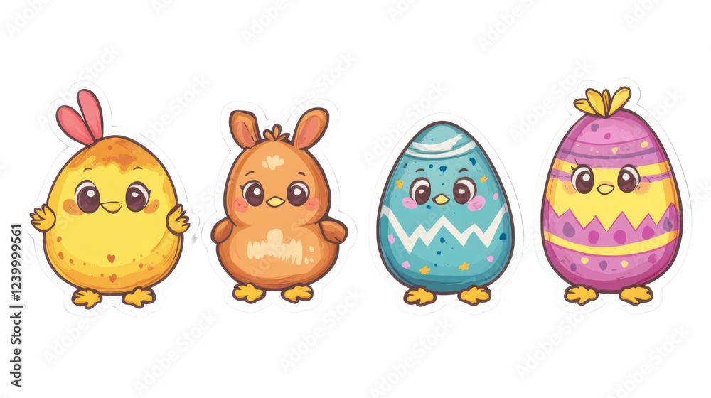 Naklejka premium Four cute kawaii easter stickers with chicks and decorated eggs on transparent background
