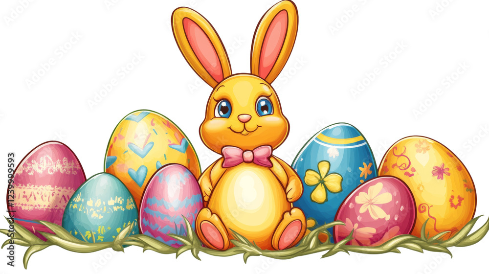 Easter bunny sitting with decorated eggs on transparent background Easter bunny sitting with decorated eggs on transparent background
