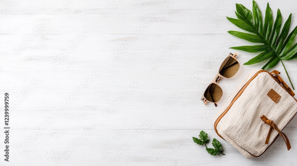 Summer travel essentials on wood Summer travel essentials on wood